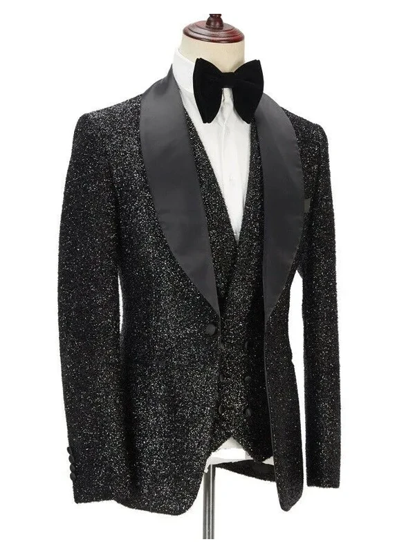 Glamorous Black Wedding Suits For Groom with Shawl Lapel